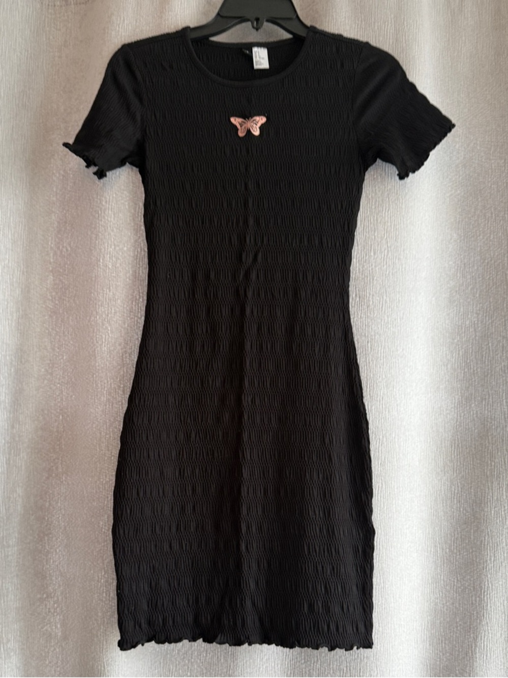 H&M Black Smocked Mini Dress with Pink Butterfly Accent